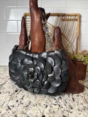 Brighton Black Leather Petal Appliqué Shoulder Bag